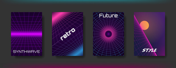 Synthwave Cover Set. Retro Future style background. 80s sci-fi design. Geometric neon perspective grid. Virtual 3d suset. Synthwave brochure, Cover, poster, banner template. Stock vector illustration