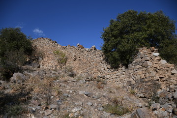 Ruined wall of a medieval castle in Armenia. tree and old castle. tree and wall of an old castle n blue sky. wall of a medieval castle. ruined wall against the blue sky. blue sky. ruined wall. green t