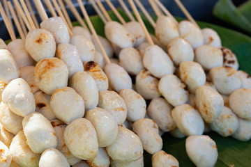 Closeup grilled pork balls in Thai style, street food in thailand