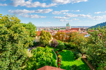 A view of St Nicholas church, lesser town and old town Prague from the Prague Castle Complex
