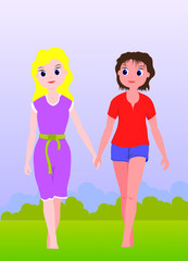 Lesbians Lovers Walking on grass .Women in Love . Romantic Dating and LGBT . Same Sex Relationship. Vector Illustration