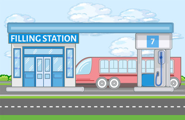 Colored filling station building near the road with bus. Vector illustration in flat style with outlined stroke. City street billboard. Urban  modern area.