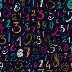 Hand drawn cartoon doodle Numbers seamless pattern. Colorful Mathematical background for kids. Back to school.