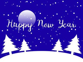 Fototapeta na wymiar Christmas trees and falling snow against the background of the moon on a blue gradient. New Year festive background.