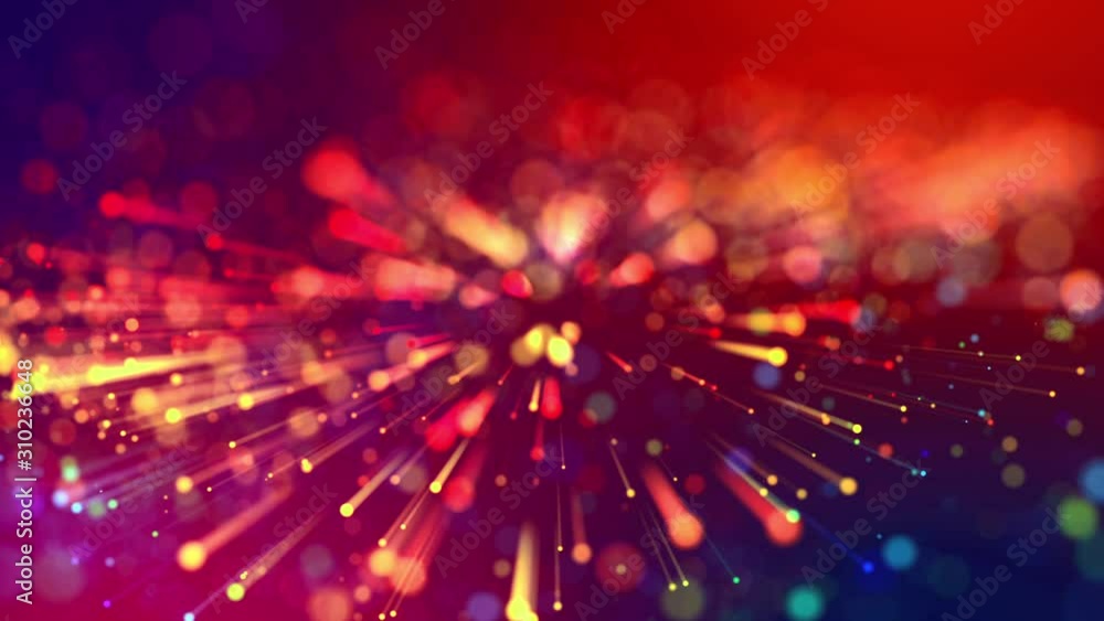 Poster multicolored light rays like laser show. 4k abstract background with shining bokeh sparkling particl