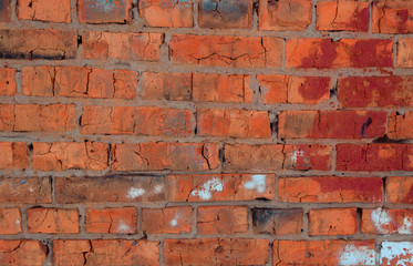 crush red brick wall texture grunge background, old interior design, panorama of masonry pattern