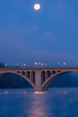 Waning Full Moon Over Key Bridge and the Potomac River As Dawn Approaches