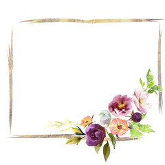 Wedding frame wreath bridal romanric rustic warm bouquet. Hand drawing watercolor pink and purple and orange flowers ornament