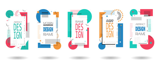 Set of memphis frame. Minimal lines and dots pattern shapes, 80s minimalist frames design and retro hipster geometric elements halftone. Business cards, invitations, gift cards, flyers, brochures.