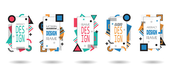 Set of memphis frame. Minimal lines and dots pattern shapes, 80s minimalist frames design and retro hipster geometric elements halftone. Business cards, invitations, gift cards, flyers, brochures.