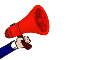 The hand is holding a red megaphone To amplify the voice being spoken, communicate various advertisements, white background - illustration