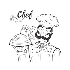 Funny Chef character with tray of food in hand. Black and white outline drawing. Vector illustration