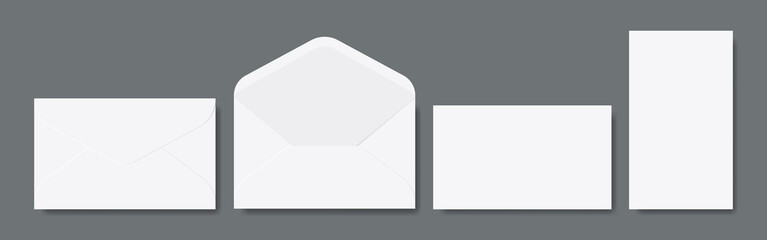 Blank open and closed envelopes mockup. Set of blank realistic envelopes and papers mockup. Vector illustration.