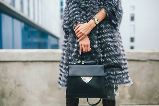 Stylish Woman In Winter Fur Coat Walking In Street