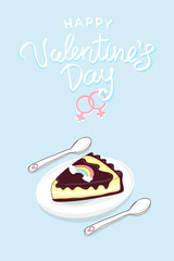 Happy valentines day background for sexual minorities. Pie rainbow as a symbol of the LGBT community, gays and lesbians. Cute greeting card in doodle style.