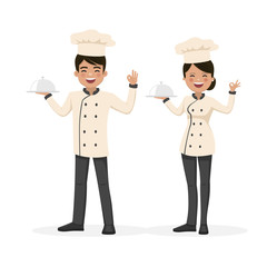 Chef team working. Man and woman. Vector illustration
