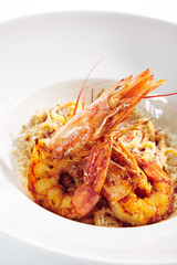 Classic Linguine Pasta with Grated Parmesan Cheese and Fried Shrimps