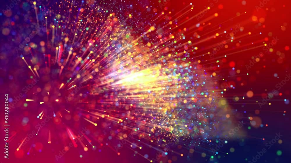 Poster multicolored light rays like laser show. 4k abstract background with shining bokeh sparkling particl