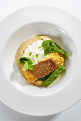 Breaded Fried Halibut Fillet with Parsnip Puree Isolated