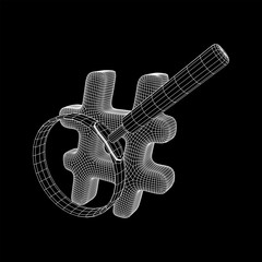 Hashtag with magnifying glass. Concept of social media, micro blogging PR and popularity. Wireframe low poly mesh vector illustration