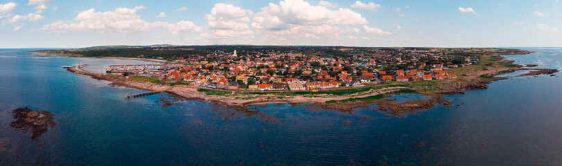 Aerial of Torekov town in southern Sweden during a warm summer afternon. 