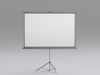 Empty big white electric motorize screen in conference room, 3d rendering