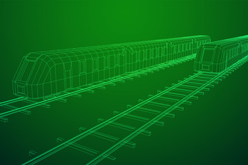 Modern high speed train on straight rails. Railway wireframe low poly mesh vector illustration