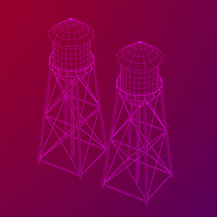 Water tower. Industrial construction with water tank. Wireframe low poly mesh vector illustration.