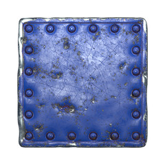 Painted blue metal with rivets in the shape of a square in the center on white background. 3d