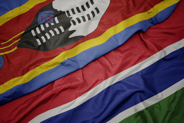 waving colorful flag of gambia and national flag of swaziland.