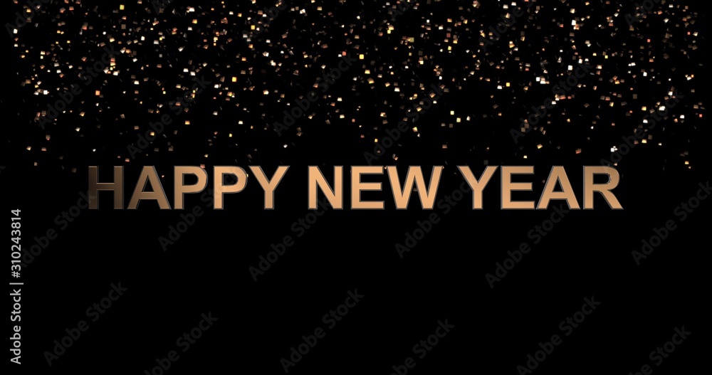 Poster happy new year golden sign background with falling glittering and shimmering confetti. 3d rendering