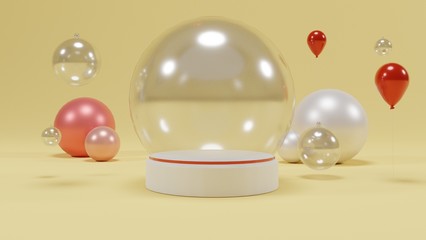3d abstract minimal geometric forms. Glossy luxury snow globe for your design. Pastel color scene for show product. Fashion show stage, shopfront. Globe ball with snowing for Christmas decoration.