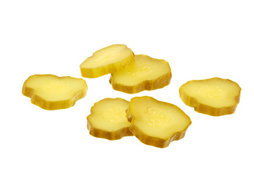 sliced pickled cucumber isolated on white background.