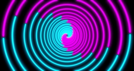 Neon Circle background with LED Fluorescent tunnel. Ultraviolet abstract blue, purple color. . 3D illustration