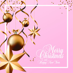 Merry Christmas and Happy New Year calligraphic lettering in square social network post or banner vector template. Gold balls, stars, confetti, serpentine on light pink background.