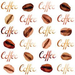 Vector watercolor illustrated and painted brown coffee beans and lettering pattern set