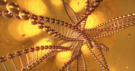 Golden geometric background with swirls of DNA molecules. 3D Rendering