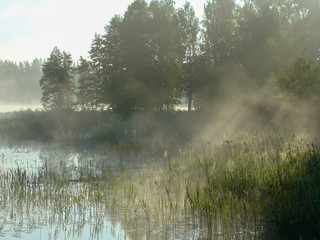 landscape with fog over water, blurred background