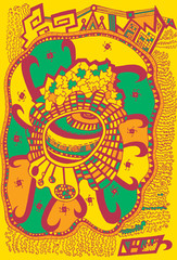 The stone with stripes and tribal ornaments. Folk art. Abstract background artwork. Colorful bright psychedelic drawing. Vector illustration