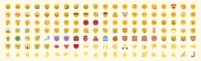 All emojis vector set. All face and hand gestures, emoticons vector icons illustrations collection