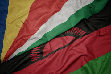 waving colorful flag of malawi and national flag of seychelles.