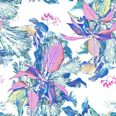 Poinsettia, fir and berries, seamless pattern.
