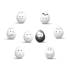 Faces on chicken eggs in the form of facial expressions, reflecting emotions. The concept of racism, misunderstanding.