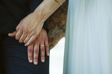 Wedding Couple romantic holding hands with wedding rings