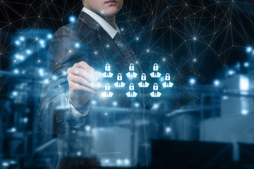 Businessman draws a group of human figures icons with padlocks instead of their heads.