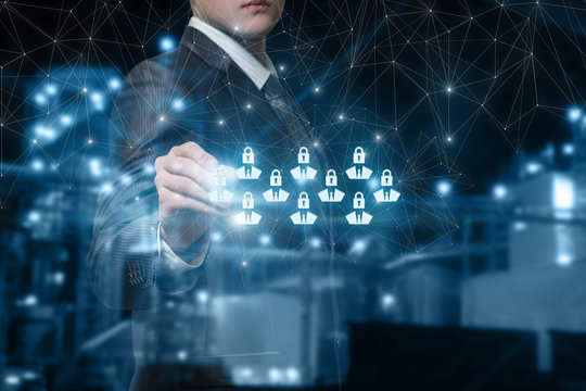 Businessman draws a group of human figures icons with padlocks instead of their heads.