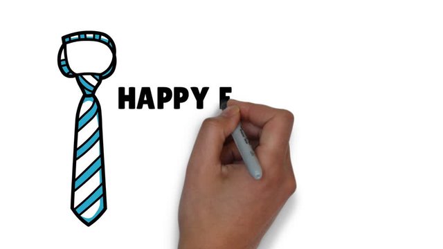 Wishing Happy father's day. Dad, papa, pappy, with present gift or tie animation hand written lettering.Text sign clip whiteboard isolated white background with image picture. Quote animated Video 
