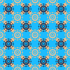 Pattern con decorazioni geometriche  policrome su sfondo azzurro
