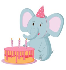 Cute elephant character in a festive cap with a cake. Birthday, children's party. Cartoon character. Print for t-shirt, template for cards, invitations. Isolated on white background.