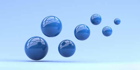 Falling blue balls in the blue background. 3d render illustration for advertising.